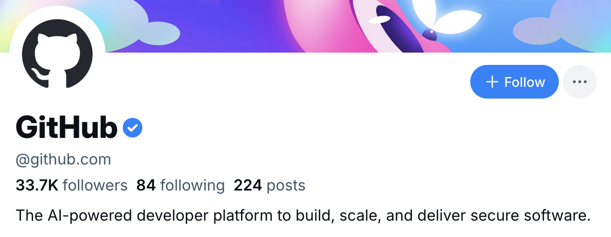 Screenshot of the GitHub Bluesky profile with the bio reading "The AI-powered developer platform to build, scale, and deliver secure software."