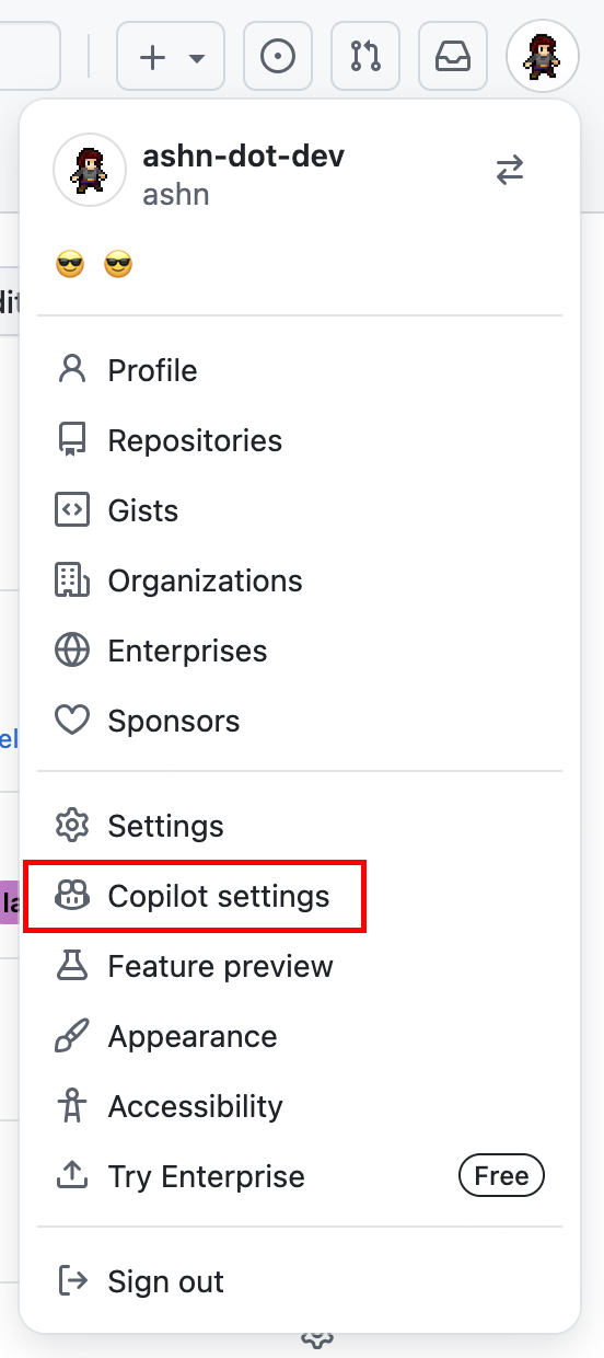 Dropdown menu under my GitHub user profile with a "Copilot settings" button/link.