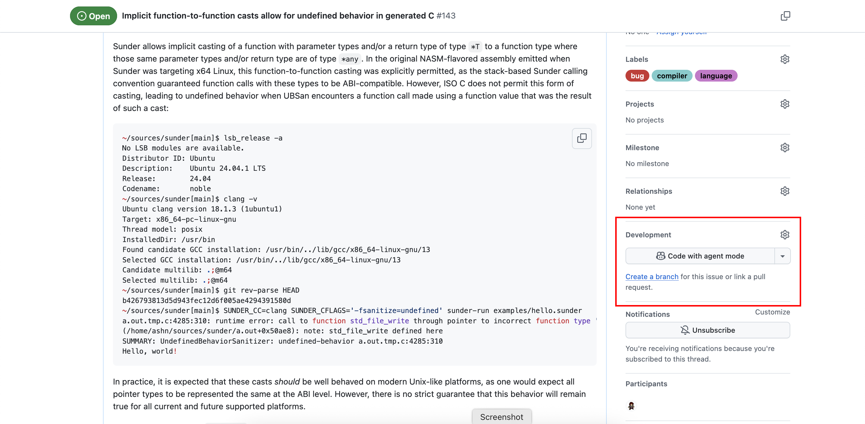Screenshot of the GitHub issue with a red box drawn around the "Development" section of the page. Within that development section, there is a button that says "Code with agent mode".