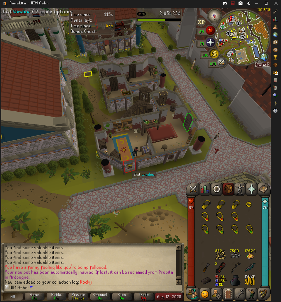 RuneLite automatic screenshot captured from when I obtained Rocky showing me in a house within Civitas illa Fortis.