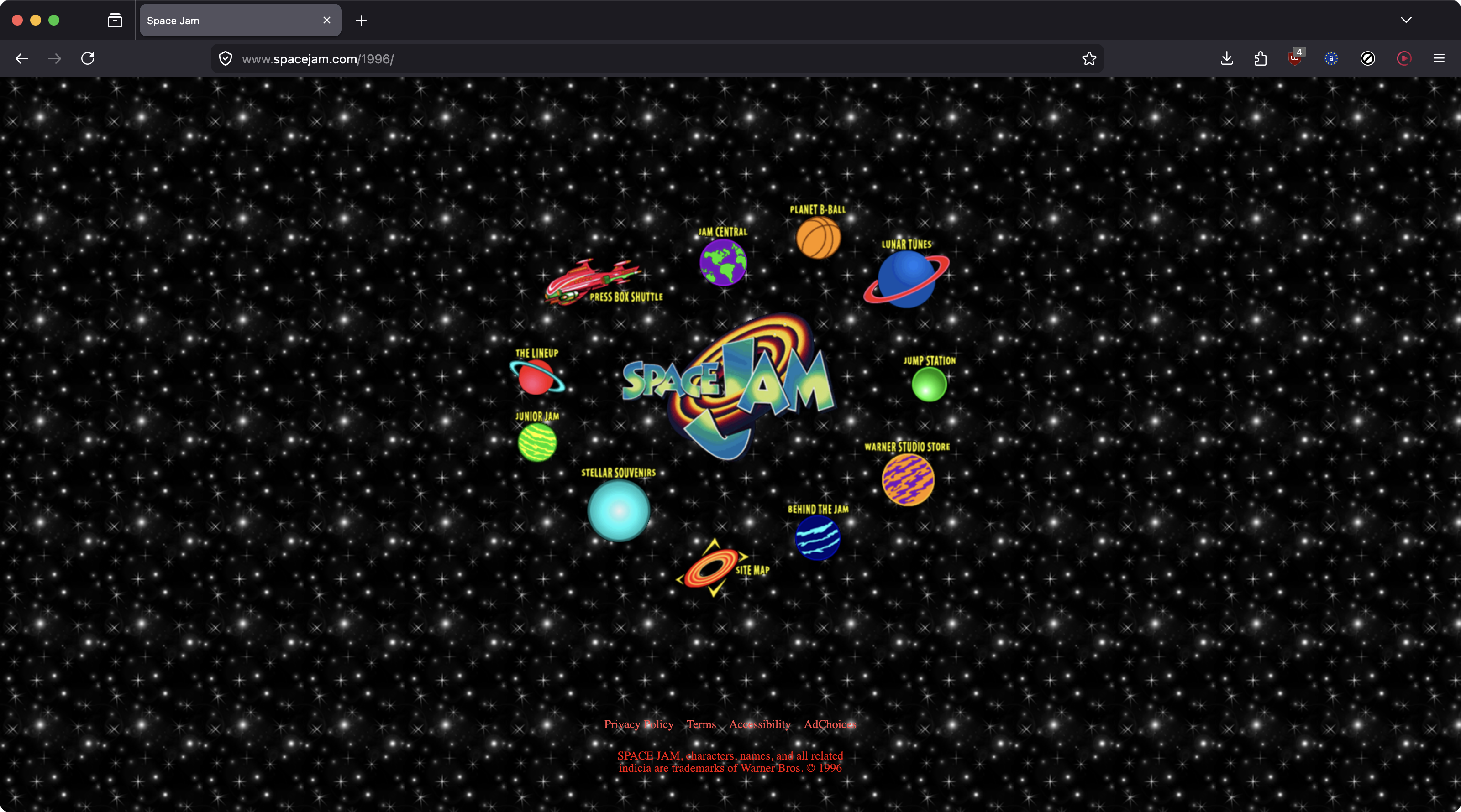 Another window capture of Firefox on the Space Jam (1996) website. This image does not have the same shadow around the edge of the window that was seen in the previous two images.